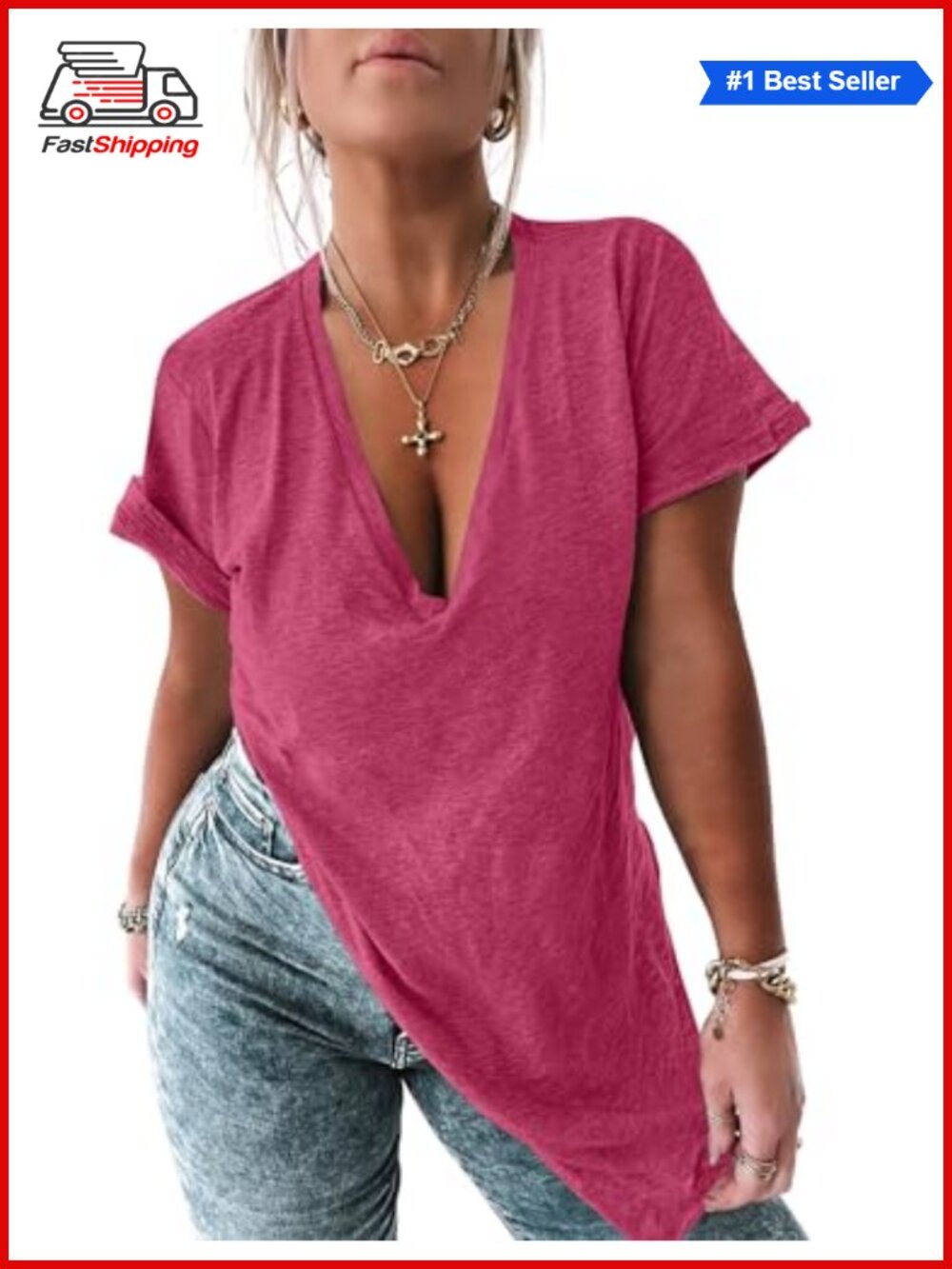 Tankaneo Womens Deep V Neck T Shirt Oversized Tunic Top Short Sleeve
